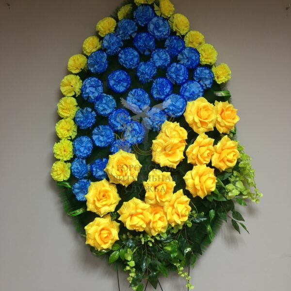 Венок Ветка Акации, желтые розы, синие гвоздики